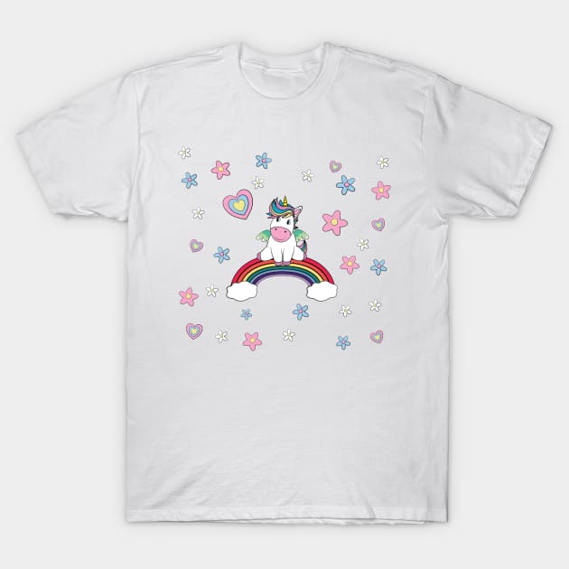 Unicorn Sits On A Rainbow With Hearts And Flowers T-Shirt by brodyquixote